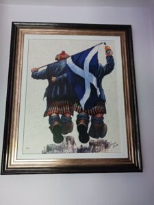 Alexander Millar scottish kilt flag hat red white blue nostalgic working class framed contemporary art scene for sale