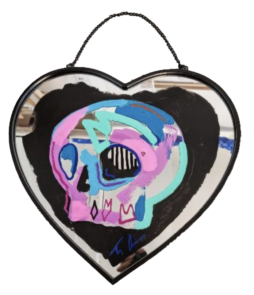 Tim Fowler memento mori spray paint mirror contemporary skull artwork for sale pink blue for sale