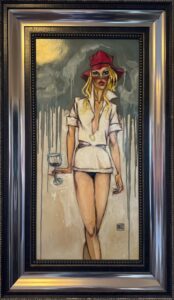 Todd White acrylic woman wine glass red white contemporary hat shirt figurative original canvas