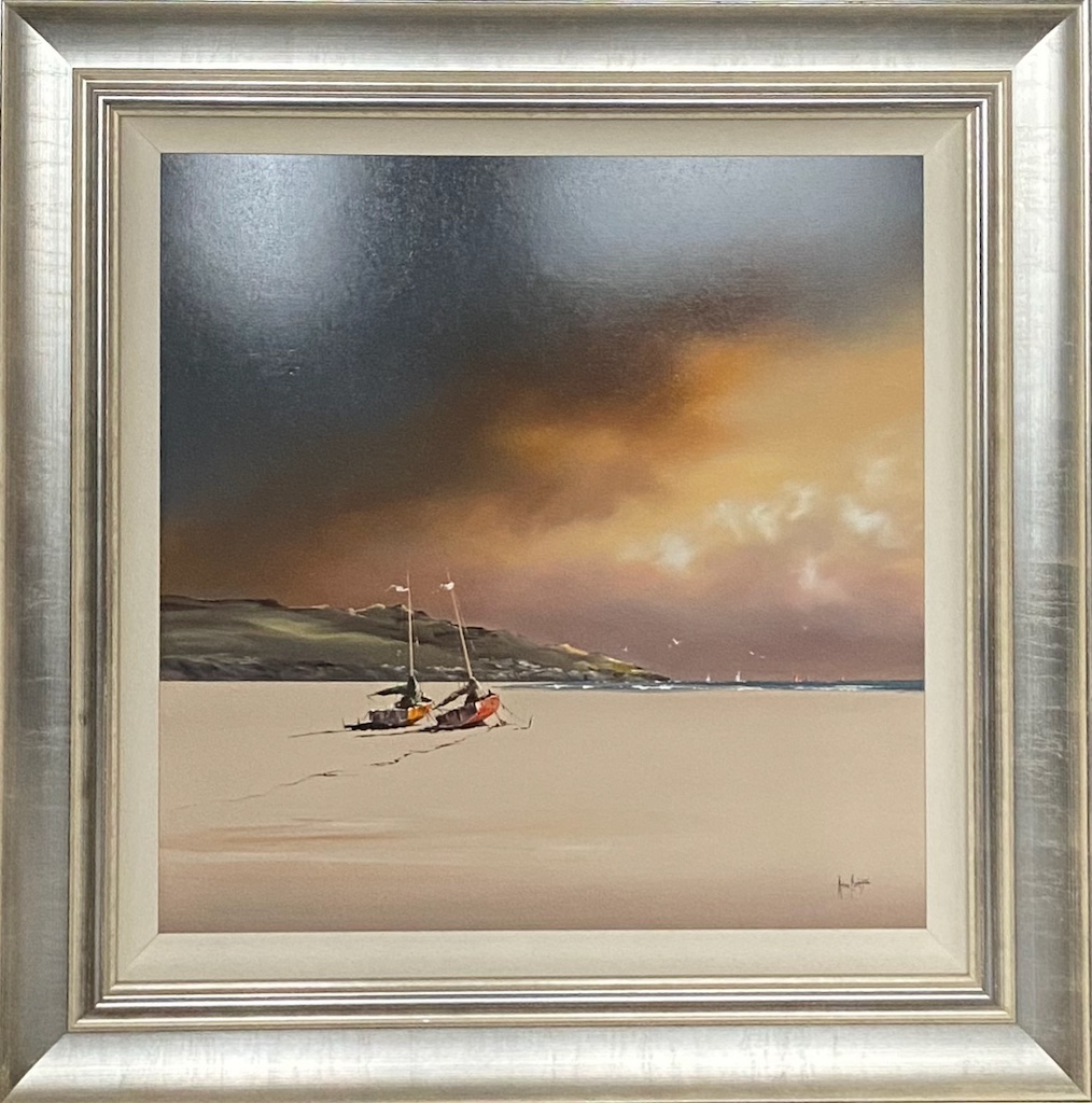 Allan Morgan beach landscape boats yachts sunset sunrise calm warm light seagulls serene contemporary oil board marine