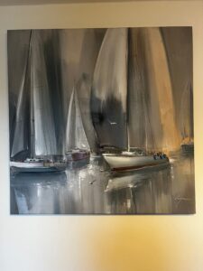 Wilfred Lang acrylic canvas grey morning sunlight golden hour yachts white boats harbour marine sea wind dreamy original