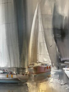 Wilfred Lang acrylic canvas grey morning sunlight golden hour yachts white boats harbour marine sea wind dreamy original