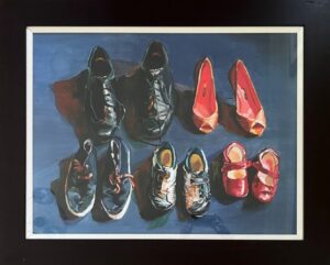 Ainslie Roddick shoes family connection growth high heels black dress shoes plimsols red mary janes blue background painting oil contemporary