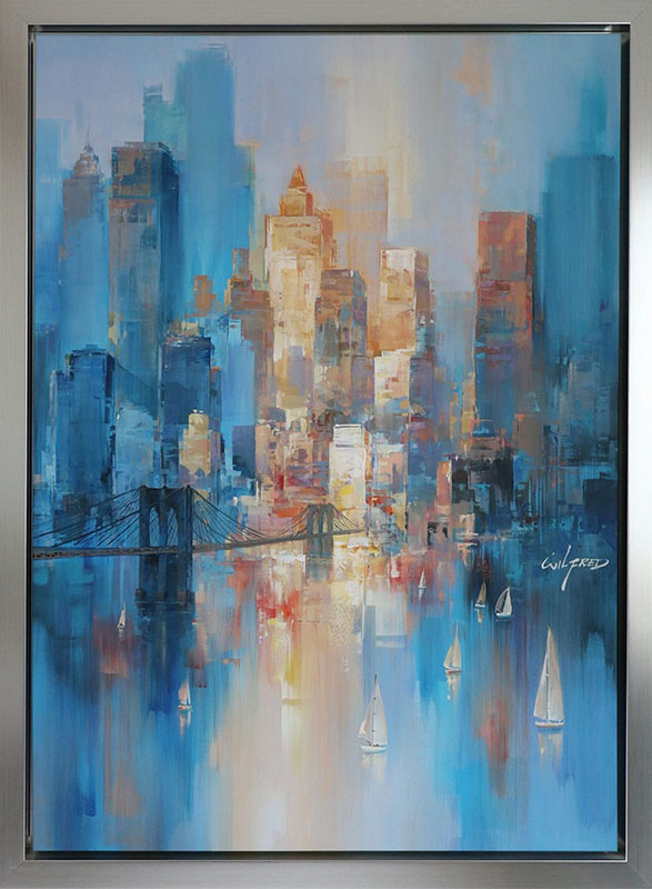 Wilfred Lang Original acrylic canvas New York blue morning cityscape abstracted bridge boats busy golden hour