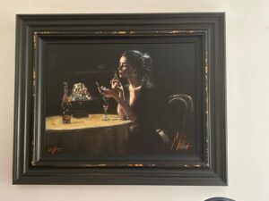 Fabian Perez woman black dress restaurant lipstick vintage art deco light red contemporary for sale