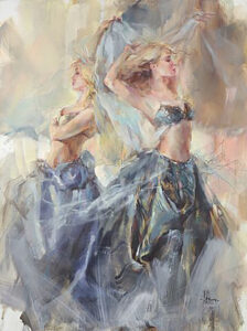 Anna Razumovskaya women reflection blonde fabric floaty dreamy blue white blonde dancer figurative