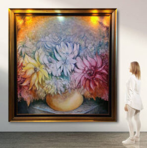 Gevorg Yeghiazaryan large canvas framed abstracted colourful contemporary flowers blue pink for sale