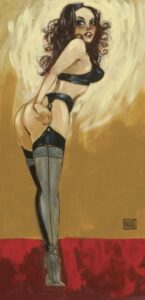 Todd White giclee limited edition woman suspenders red yellow boots black figurative