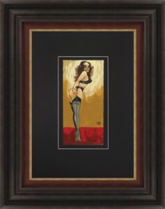 Todd White giclee limited edition woman suspenders red yellow boots black figurative