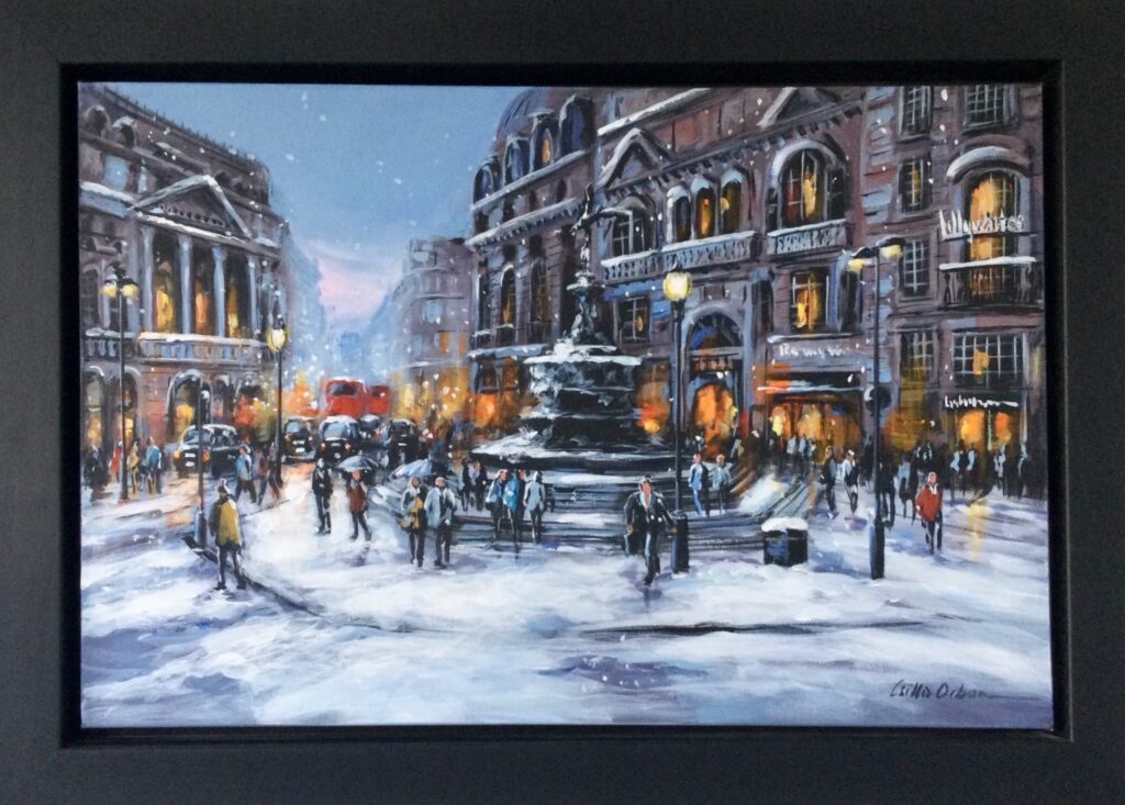 Csilla Orban London fountain snowy scene contemporary oil boxed canvas for sale painting cityscape street