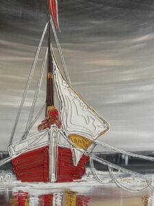 Edward Waite mixed media canvas boat red orange silver seascape marine landscape contemporary for sale