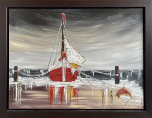 Edward Waite mixed media canvas boat red orange silver seascape marine landscape contemporary for sale