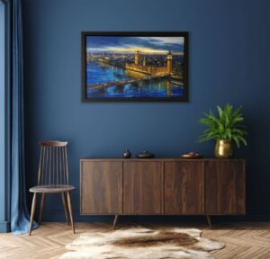 Csilla Orban London westminster buildings parliament bridge blue lights evening dusk classic for sale contemporary city