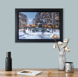 Csilla Orban London fountain snowy scene contemporary oil boxed canvas for sale painting cityscape street