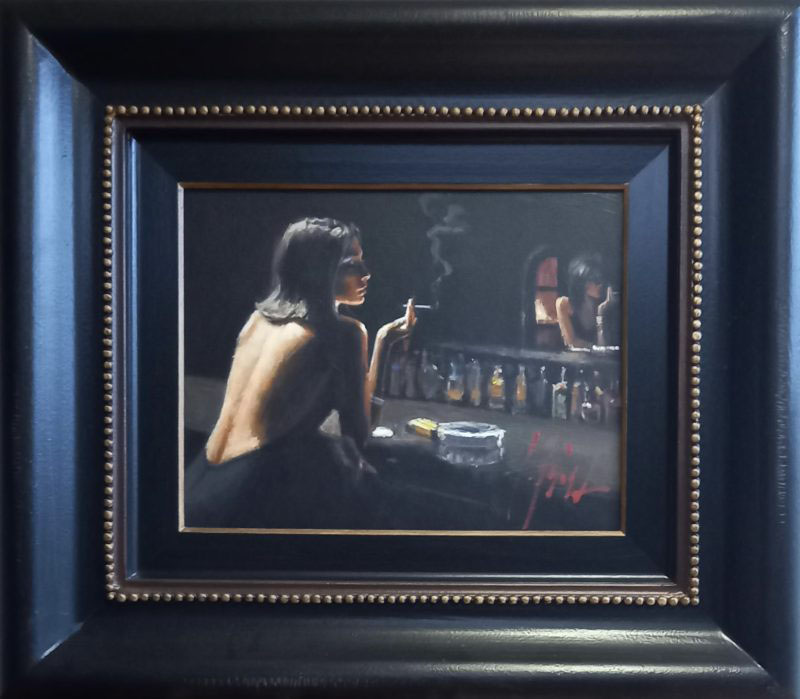 contemporary original oil on canvas Marmol Negre woman smoking at bar Perez