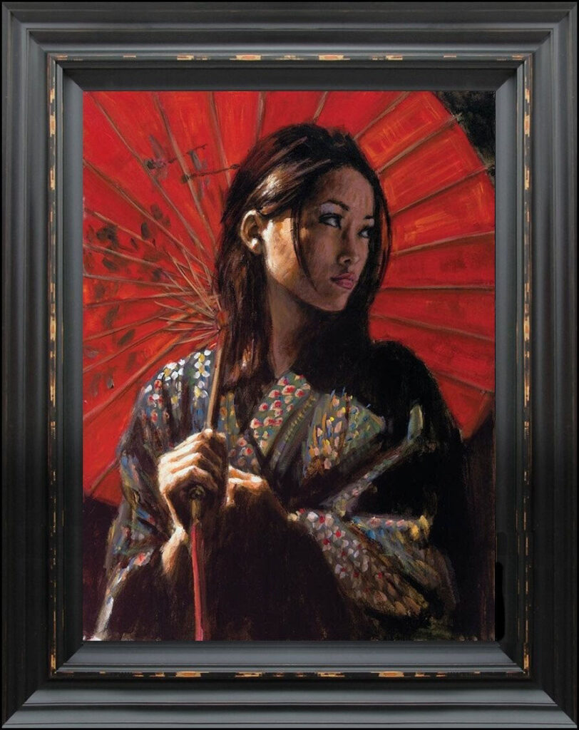 Fabian Perez red woman kimono umbrella Japanese east Asian romantic contemporary figurative for sale melancholy dark