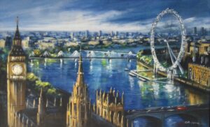 Csilla Orban London cityscape original contemporary boxed canvas oil blue landscape london eye westminster