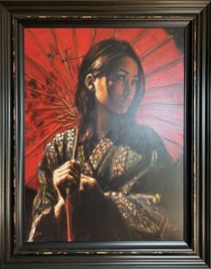 Fabian Perez red woman kimono umbrella Japanese east Asian romantic contemporary figurative for sale melancholy dark