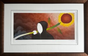 Mackenzie Thorpe naive art print giclee paper grim reaper sun red orange abstract contemporary for sale decorative