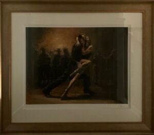 Fabian Perez tango couple dance contemporary romantic dark for sale figurative print hand embellished signed warm orange black