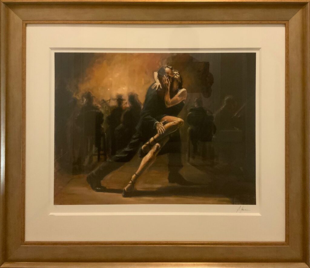 Fabian Perez tango couple dance contemporary romantic dark for sale figurative print hand embellished signed warm orange black