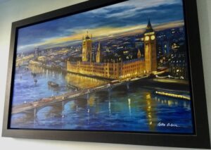 Csilla Orban London westminster buildings parliament bridge blue lights evening dusk classic for sale contemporary city