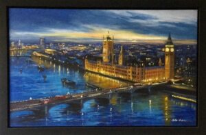 Csilla Orban London westminster buildings parliament bridge blue lights evening dusk classic for sale contemporary city