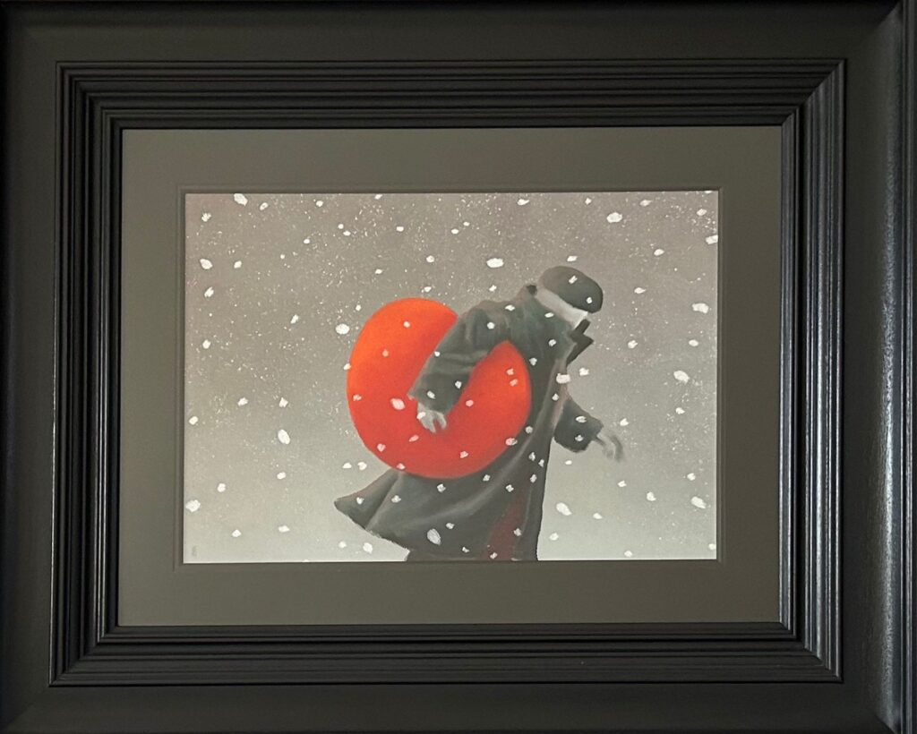 Mackenzie Thorpe snowy figure heart under the arm contemporary figurative naive childlike collectable for sale