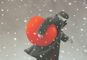 Mackenzie Thorpe snowy figure heart under the arm contemporary figurative naive childlike collectable for sale