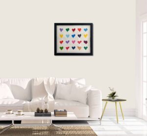 Mr Brainwash minimalism hearts framed edition contemporary pop art colourful rainbow Damien Hirst collectable for sale multicolour white mounted