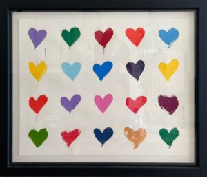 Mr Brainwash minimalism hearts framed edition contemporary pop art colourful rainbow Damien Hirst collectable for sale multicolour white mounted