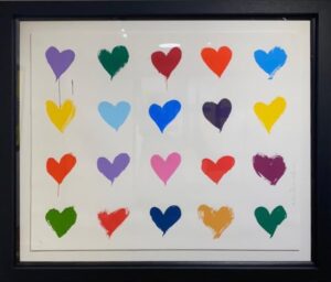 Mr Brainwash minimalism hearts framed edition contemporary pop art colourful rainbow Damien Hirst collectable for sale multicolour white mounted