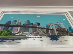 Dylan Izaak Brooklyn New York cityscape skyline contemporary pop art blue buildings river aluminium iridescent glowing metal for sale