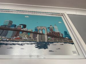 Dylan Izaak Brooklyn New York cityscape skyline contemporary pop art blue buildings river aluminium iridescent glowing metal for sale