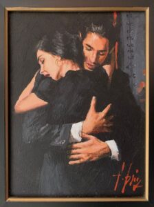 Fabian Perez black sultry alluring man woman train station hug goodbye hello romantic anniversary oil painting contemporary for sale