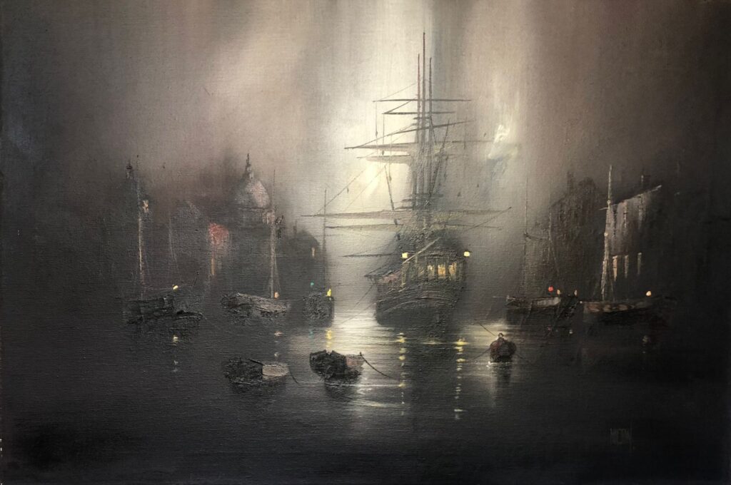 Barry Hilton dark seascape romantic cloudy night pirates harbour large old boat rowing boats traditional oil painting canvas