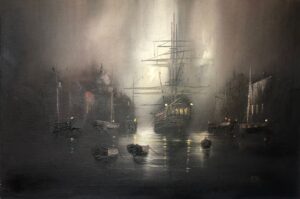 Barry Hilton dark seascape romantic cloudy night pirates harbour large old boat rowing boats traditional oil painting canvas