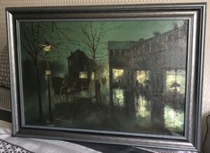 Barry Hilton 18th century street scene carriages dark green black traditional oil painting contemporary artist dynamic fluid impasto for sale