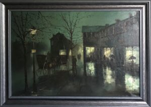 Barry Hilton 18th century street scene carriages dark green black traditional oil painting contemporary artist dynamic fluid impasto for sale