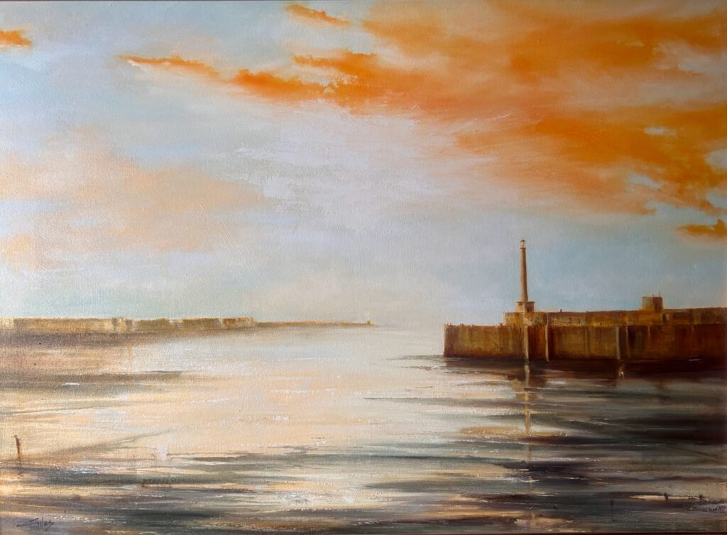 Anthony Giles seascape landscape orange sunset serene idyllic margate harbour oil on canvas contemporary