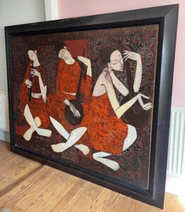 Kelyne oil painting canvas three figures eastern influence orientalism picasso modern abstraction seated women large scale for sale contemporary figurative