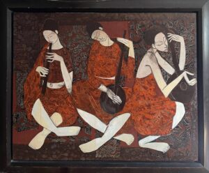 Kelyne oil painting canvas three figures eastern influence orientalism picasso modern abstraction seated women large scale for sale contemporary figurative