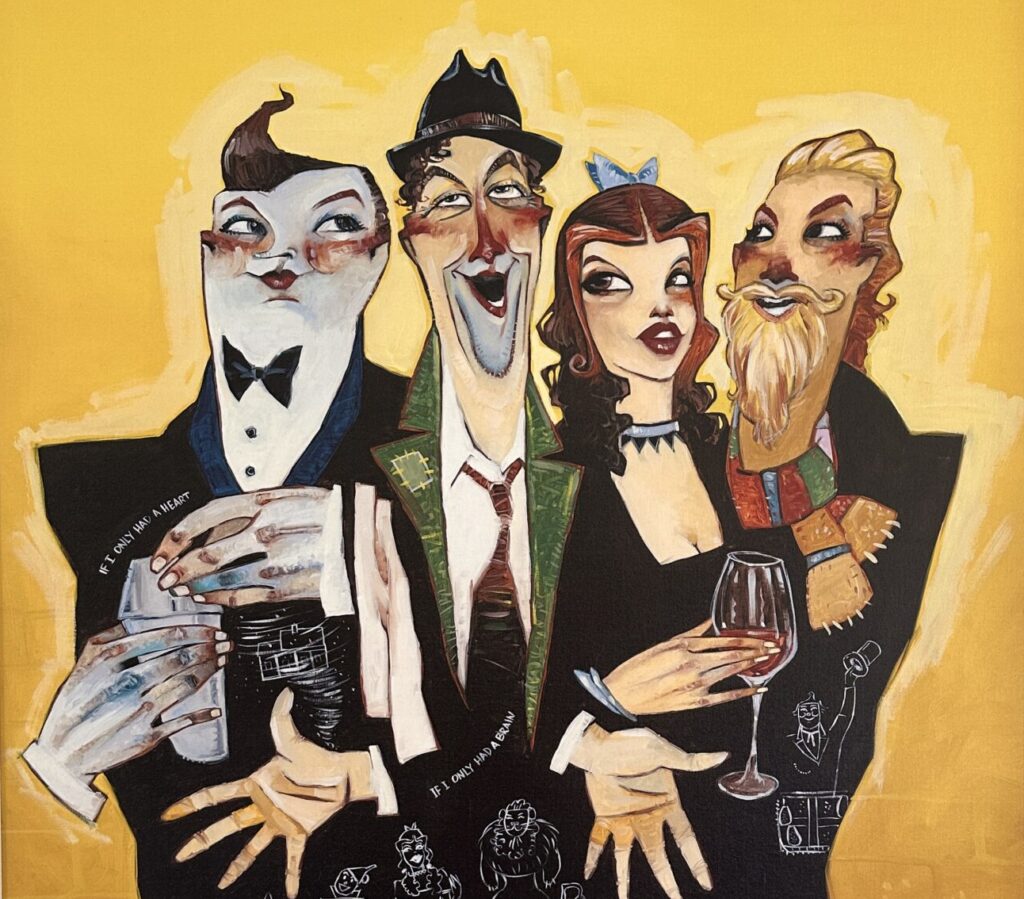 Bar Tales' by Todd White, featuring humanized versions of the Tin Man, Dorothy, Scarecrow, and Lion from 'The Wizard of Oz,' all dressed in black tie attire at a cocktail party, set against a yellow brick road background.