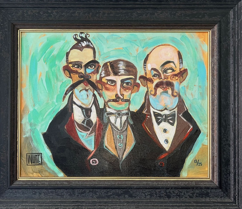 Todd white green turquoise lawyers suits three men contemporary figurative untrustworthy smart gentlemen bowtie