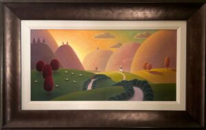 Paul Corfield ideal idyllic rolling hills pink yellow green abstracted naive pop art childrens style countryside landscape vista for sale contemporary