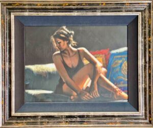 Fabian Perez red blue cushions sofa woman black dress spanish figurative portrait contemporary oil canvas alluring