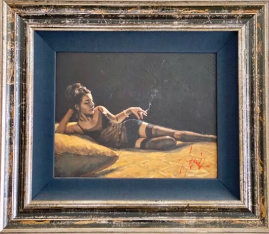 Fabian Perez Giorgina traditional pose contemporary reclined woman lingeries alluring seductive black yellow blue frame for sale