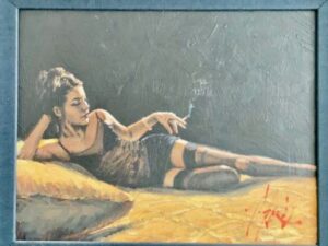 Fabian Perez Giorgina traditional pose contemporary reclined woman lingeries alluring seductive black yellow blue frame for sale