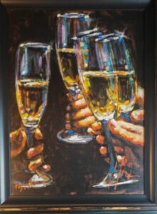 Fabian Perez champagne glasses summer enjoyable creamy caramel tones contemporary still life for sale