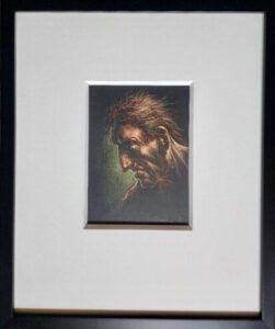 Peter Howson pastel head study portrait bust dark light shadows mythological strong man hair green black white mounted contemporary